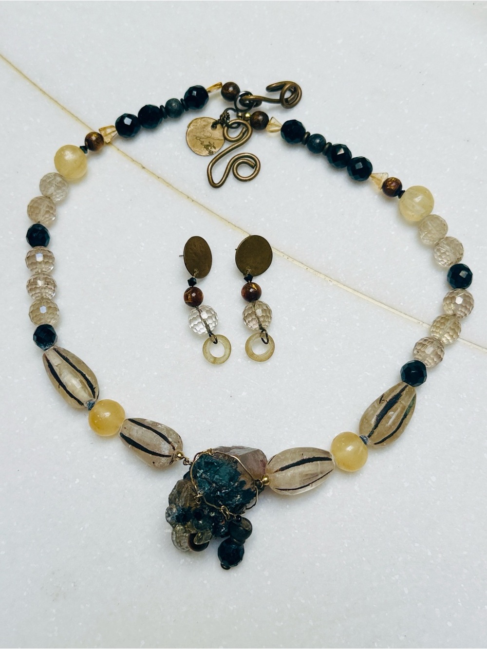 Portia Collection handmade beaded citron and  quartz necklace earring